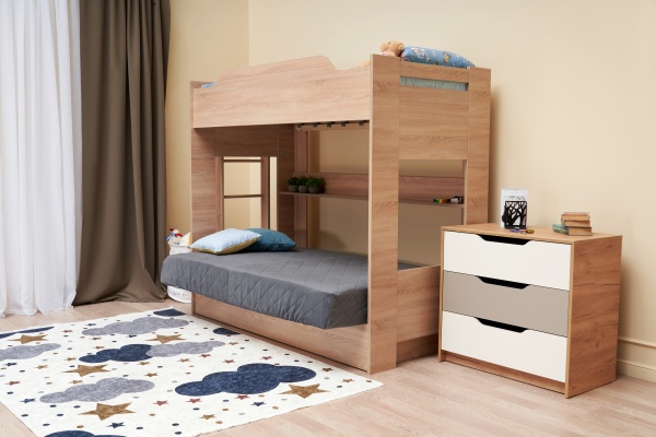 Двухъярусная кровать с диван-кроватью велюр серый / дуб сонома
